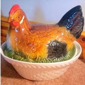 Olfaire Ceramic Chicken Shaped Roaster Casserole Serving Dish Portugal